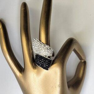 Huge Black and Silver Crystal Fashion Cocktail Ring - Size 5